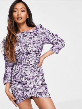 ASOS Pleated Purple Floral Belted Mini Dress